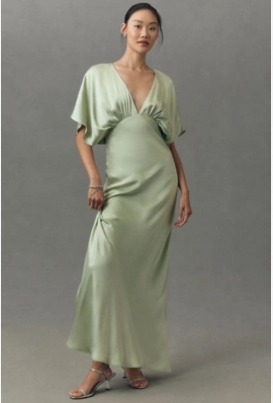 BHLDN elegant sage green satin gown deep V-neckline & soft flutter sleeve Sz. Sm